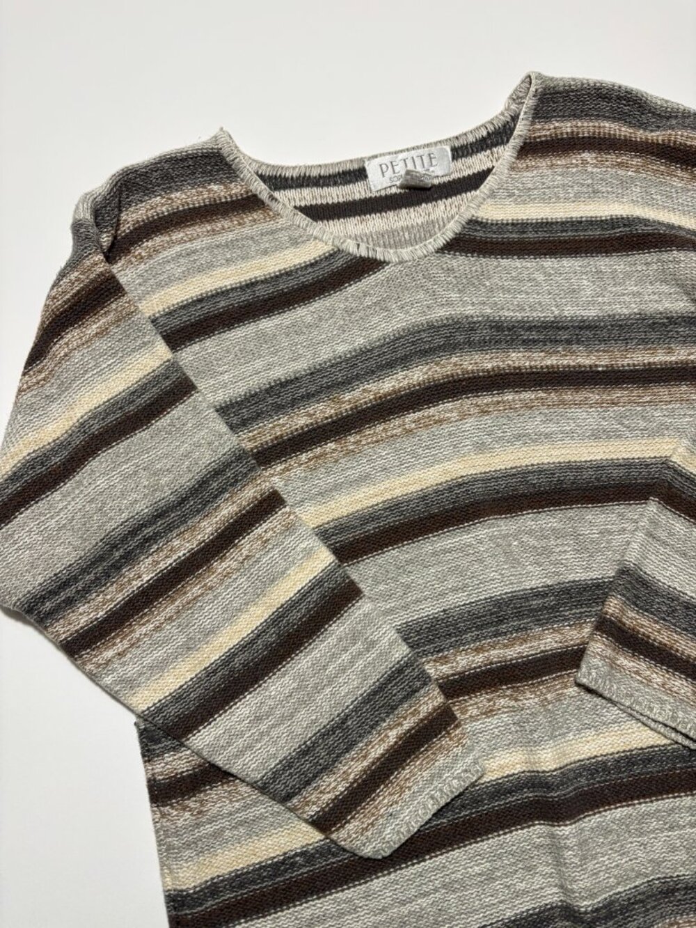 Petite Sophisticate Brown Grey & Beige Earth Tone Cotton & Ramie Knit Sweater